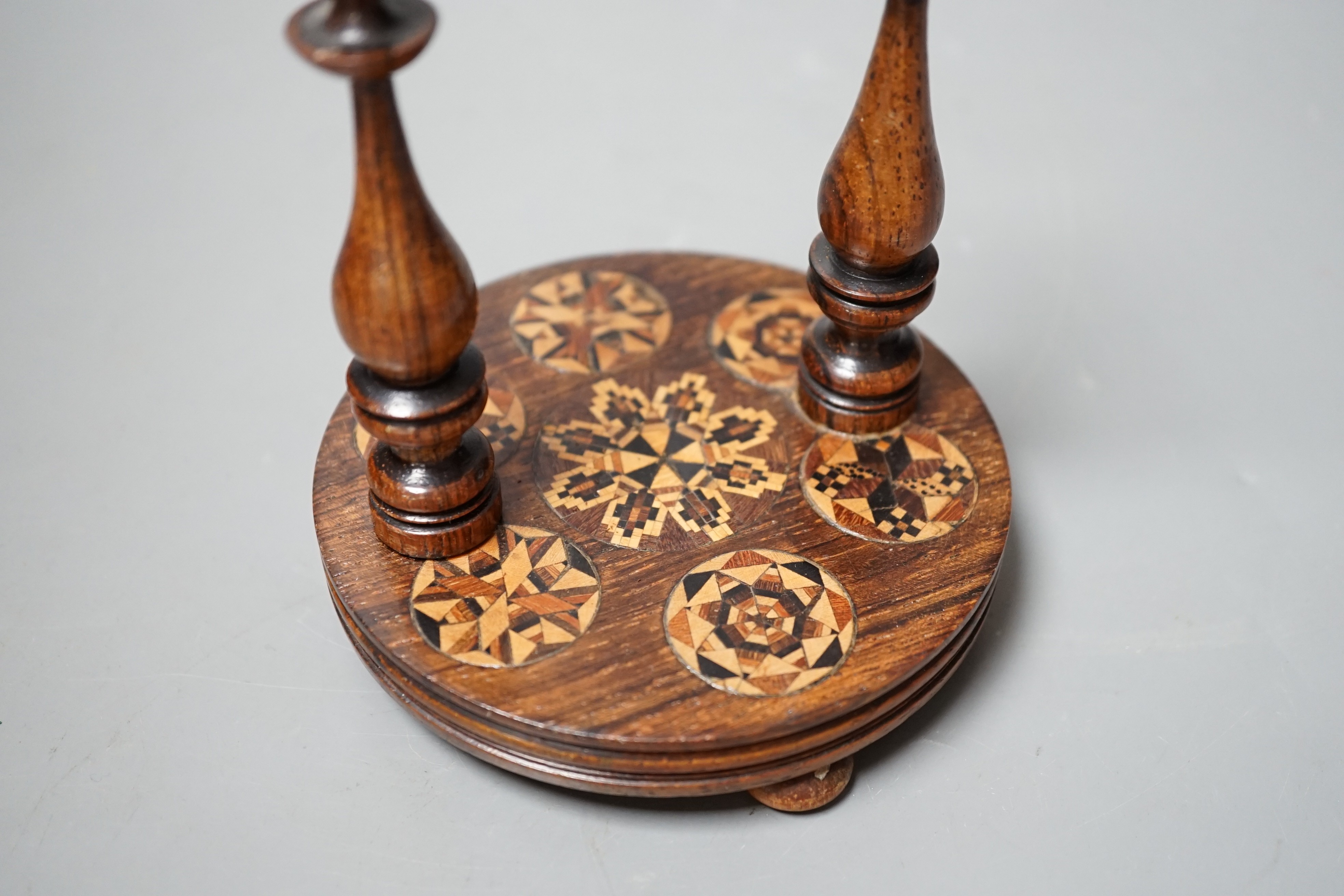 A Tunbridge ware rosewood and half square mosaic watchstand, c.1830-50, 16cm high